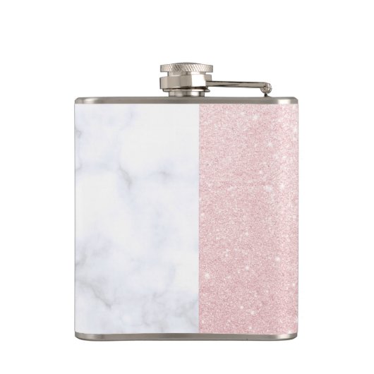 Witte marmer en roos goudglitter bruidsmaid heupfles (Achterkant)