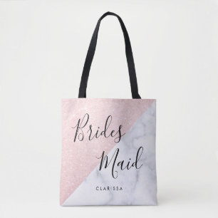 Witte marmer en roos goudglitter bruidsmaid tote bag
