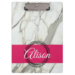 Witte marmer en roze fuchsia, aangepaste naam girl klembord