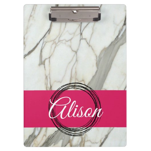 Witte marmer en roze fuchsia, aangepaste naam girl klembord (Voorkant)