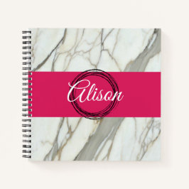 Witte marmer en roze fuchsia, aangepaste naam girl notitieboek