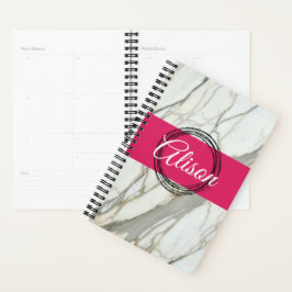 Witte marmer en roze fuchsia, aangepaste naam girl planner