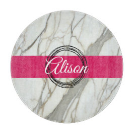 Witte marmer en roze fuchsia, aangepaste naam girl snijplank