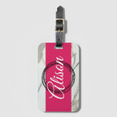 Witte marmer en roze fuchsia girly bagagelabel (Voorkant (verticaal))