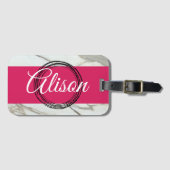Witte marmer en roze fuchsia girly bagagelabel (Voorkant (horizontaal))