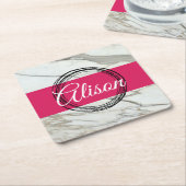 Witte marmer en roze fuchsia girly kartonnen onderzetters (Schuin)