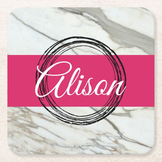 Witte marmer en roze fuchsia girly kartonnen onderzetters (Voorkant)