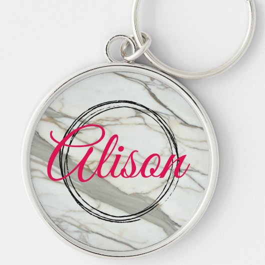 Witte marmer- en roze fuchsienaam sleutelhanger (Voorkant)