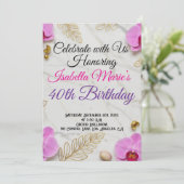 Witte marmer en roze orchidee verjaardagsuitnodigi kaart (Staand voorkant)