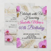 Witte marmer en roze orchidee verjaardagsuitnodigi kaart (Voorkant / Achterkant)