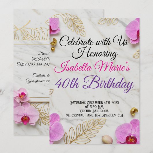Witte marmer en roze orchidee verjaardagsuitnodigi kaart (Voorkant / Achterkant)
