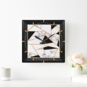 Witte marmer Geometric in goud, zwart Vierkante Klok (Huis)