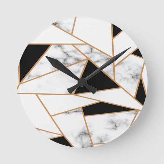 Witte marmer Geometric patroon in Gold Ronde Klok (Voorkant)