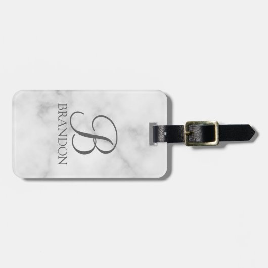 Witte Marmer Gepersonaliseerd Manuscript Monogram  Bagagelabel (Voorkant horizontaal)
