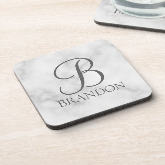 Witte Marmer Gepersonaliseerd Manuscript Monogram  Bier Onderzetter (Linkerzijde)
