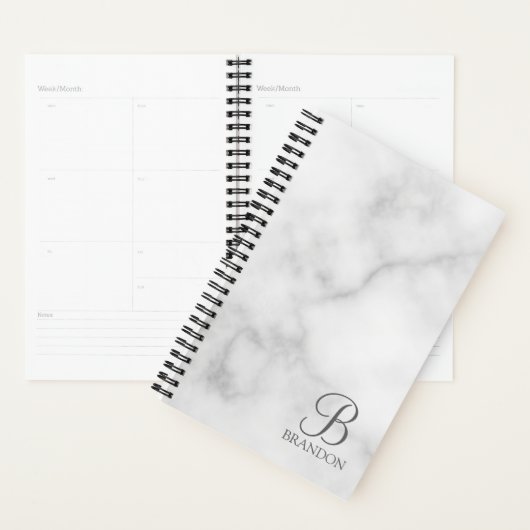 Witte Marmer Gepersonaliseerd Manuscript Monogram  Planner (Display)
