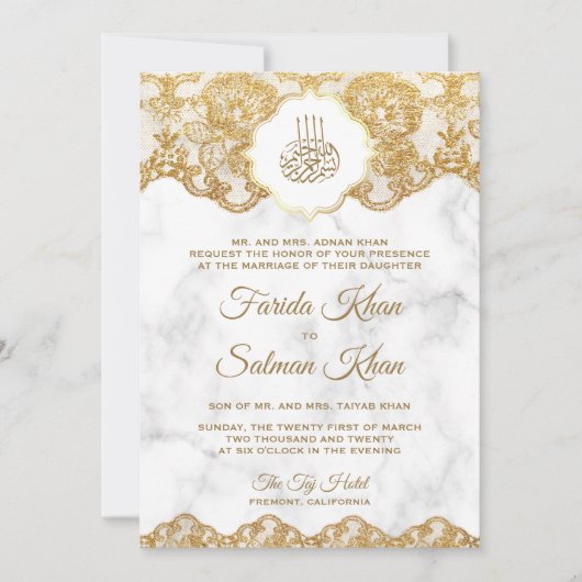 Witte marmer Gold Foil Lace Islamic Muslim Weduwen Kaart (Voorkant)
