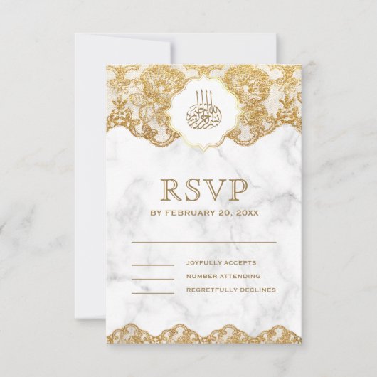 Witte marmer Gold Foil Lace Islamic Muslim Weduwen RSVP Kaartje (Voorkant)