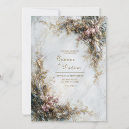 Witte Marmer Goud Roze Bloemrijke Rococo Bruiloft Kaart