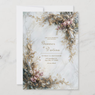 Witte Marmer Goud Roze Bloemrijke Rococo Bruiloft Kaart