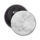 Witte marmer met gepersonaliseerd monogram en naam button flesopener (Voorkant)