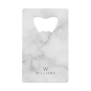 Witte marmer met gepersonaliseerd monogram en naam creditkaart flessenopener
