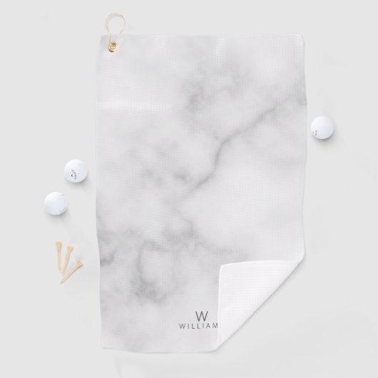 Witte marmer met gepersonaliseerd monogram en naam golfhanddoek (Insitu)
