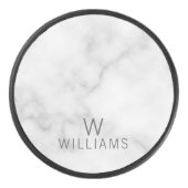 Witte marmer met gepersonaliseerd monogram en naam hockey puck (Voorkant)