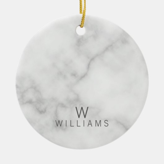 Witte marmer met gepersonaliseerd monogram en naam keramisch ornament (Voorkant)