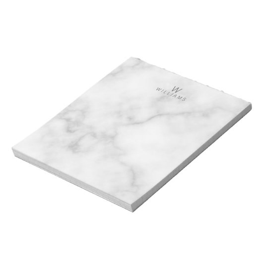Witte marmer met gepersonaliseerd monogram en naam notitieblok (Linkerzijde)
