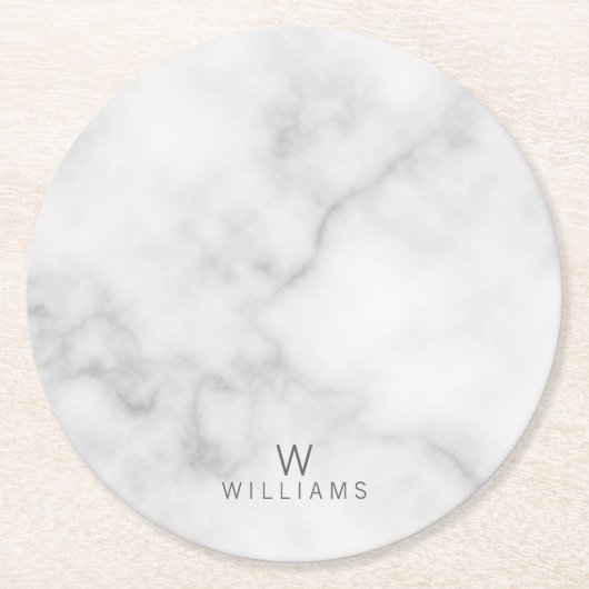 Witte marmer met gepersonaliseerd monogram en naam ronde kartonnen onderzetter (Voorkant)