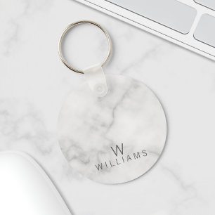 Witte marmer met gepersonaliseerd monogram en naam sleutelhanger