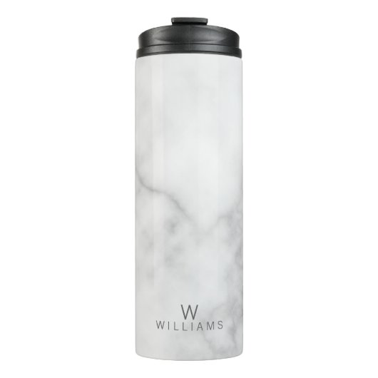 Witte marmer met gepersonaliseerd monogram en naam thermosbeker (Voorkant)