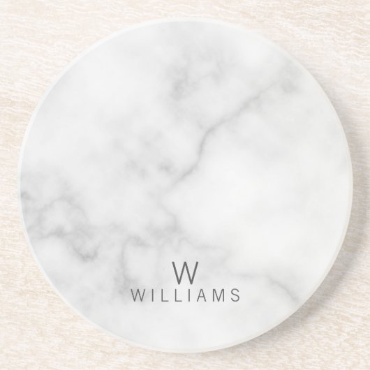 Witte marmer met gepersonaliseerd monogram en naam zandsteen onderzetter (Voorkant)