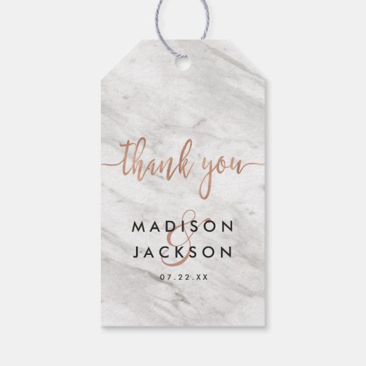 Witte Marmer & Roos Gouden Bruiloft Dank u Cadeaulabel (Achterkant)