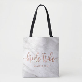 Witte Marmer & Roos Gouden Monogram Bruidstribe Tote Bag