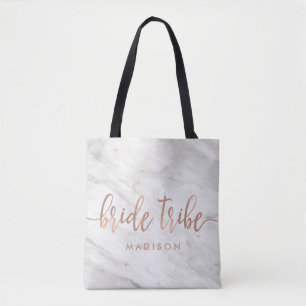 Witte Marmer & Roos Gouden Monogram Bruidstribe Tote Bag
