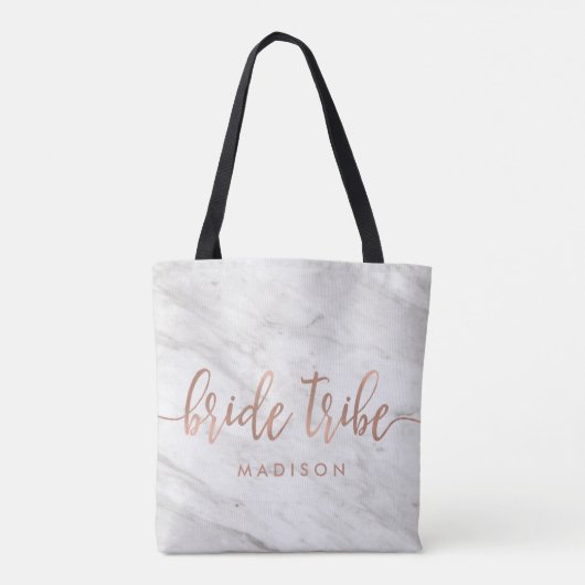 Witte Marmer & Roos Gouden Monogram Bruidstribe Tote Bag (Achterkant)
