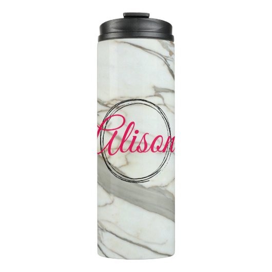 Witte marmer trendy fuchsia roze douanenaam thermosbeker (Voorkant)