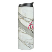 Witte marmer trendy fuchsia roze douanenaam thermosbeker (Gedraaid links)