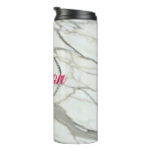 Witte marmer trendy fuchsia roze douanenaam thermosbeker (Geroteerd rechts)
