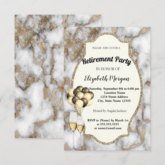 Witte marmer, wijnglas, ballon, Pensioenpartij Kaart (Voorkant / Achterkant)