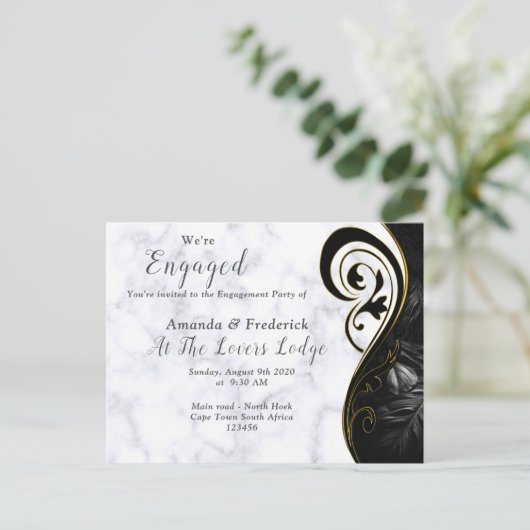 Witte marmer - Zwart Abstract Verloving Uitnodiging Briefkaart (Staand voorkant)