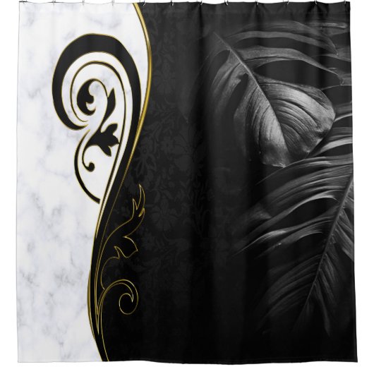 Witte marmer, zwart, gouden Filigrafie Douchegordijn (Voorkant)
