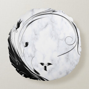 Witte marmer, zwarte Filigree grafische afbeelding Rond Kussen