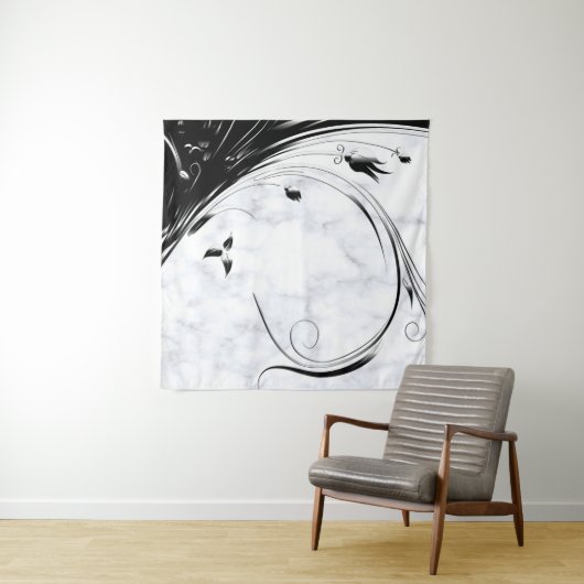 Witte marmer, zwarte Filigree grafische afbeelding Wandkleed (In Situ (horizontaal))