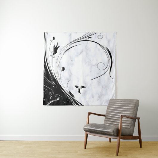 Witte marmer, zwarte Filigree grafische afbeelding Wandkleed (In situ)