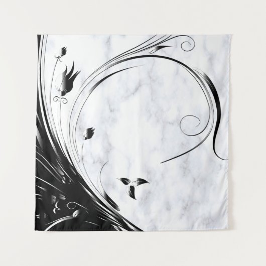 Witte marmer, zwarte Filigree grafische afbeelding Wandkleed (Voorkant)