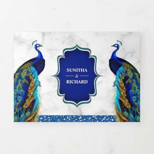 Witte Marmeren Blauwe Indische Peacock Feathers Br Drieluik Uitnodiging (Cover)