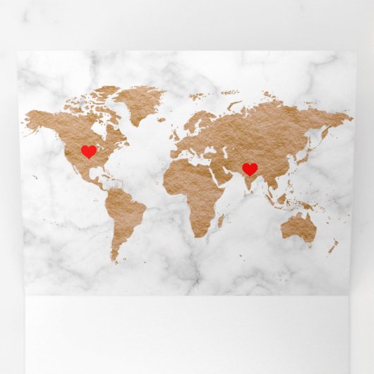 Witte Marmeren Brons Wereldkaart Alles in een Brui Drieluik Uitnodiging (Binnenzijde eerst)